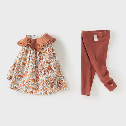 Dave&Bella Toddler Girls Sweet Brown-red Floral Doll collar Long-sleeved Cotton Outfits Sets