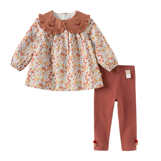 Dave&Bella Toddler Girls Sweet Brown-red Floral Doll collar Long-sleeved Cotton Outfits Sets