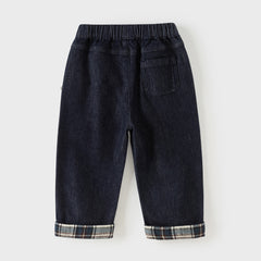 Dave&Bella Toddler Boys Denim Blue Plaid Straight Leg Versatile Jeans