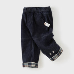 Dave&Bella Toddler Boys Denim Blue Plaid Straight Leg Versatile Jeans