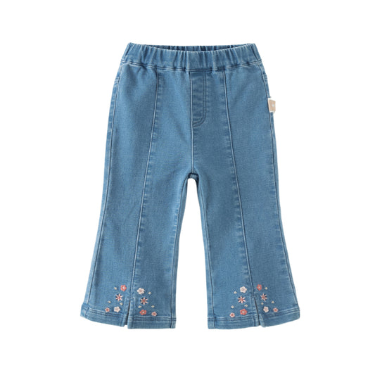 Dave&Bella Toddler Girls Denim Blue Comfortable Versatile Tiny Floral Embroidery Jeans
