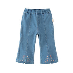 Dave&Bella Toddler Girls Denim Blue Comfortable Versatile Tiny Floral Embroidery Jeans