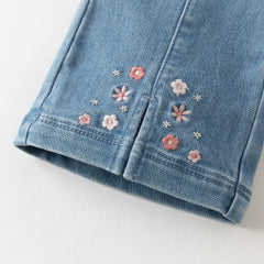 Dave&Bella Toddler Girls Denim Blue Comfortable Versatile Tiny Floral Embroidery Jeans