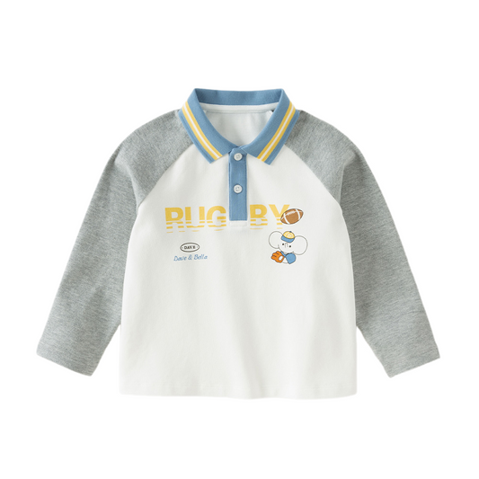 Dave&Bella Toddler Boys White Cute Print Polo Collar Casual Comfortable Polos