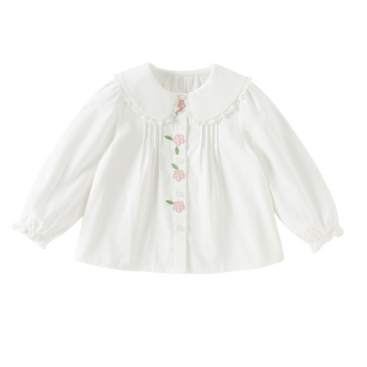 Dave&Bella Toddler Girls White Sweet Floral Embroidery Cozy Comfortable Cotton Shirts