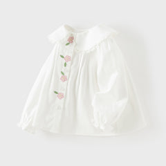 Dave&Bella Toddler Girls White Sweet Floral Embroidery Cozy Comfortable Cotton Shirts