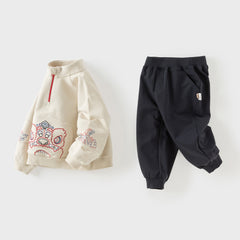 Dave&Bella Toddler Boys Apricot Traditional Chinese Embroidery Pant Suits