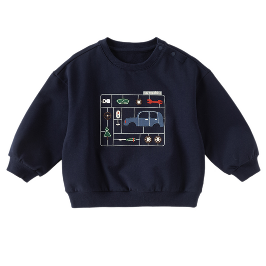 Dave&Bella Toddler Boys Navy Car Print Daily Versatile Round Collar Sweatshirts