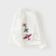 Dave&Bella Toddler Boys White Playful Airplane Embroidery Cotton Soft T-shirts
