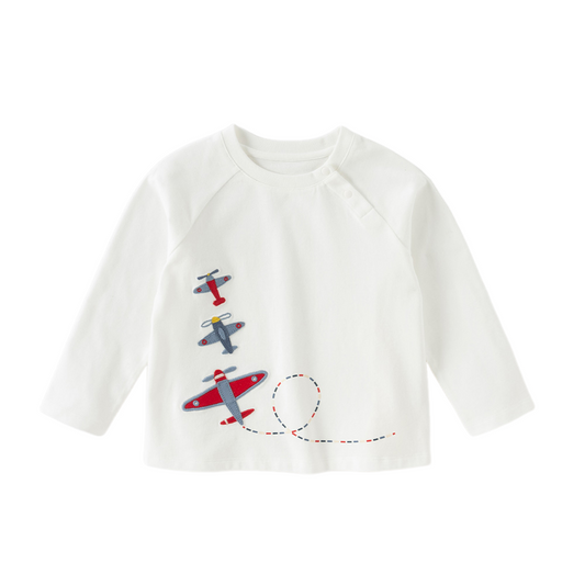 Dave&Bella Toddler Boys White Playful Airplane Embroidery Cotton Soft T-shirts