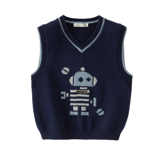 Dave&Bella Toddler Boys Dark Blue V-neck Soft Cotton Robot Jacquard Knit Vests