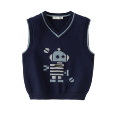 Dave&Bella Toddler Boys Dark Blue V-neck Soft Cotton Robot Jacquard Knit Vests