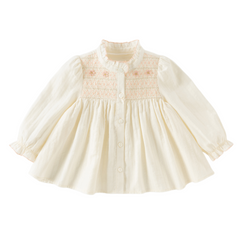 Dave&Bella Toddler Girls Beige Ruffled Collar Smocked Floral Long Puff Sleeve T-shirts