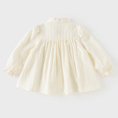 Dave&Bella Toddler Girls Beige Ruffled Collar Smocked Floral Long Puff Sleeve T-shirts