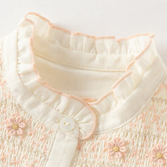 Dave&Bella Toddler Girls Beige Ruffled Collar Smocked Floral Long Puff Sleeve T-shirts
