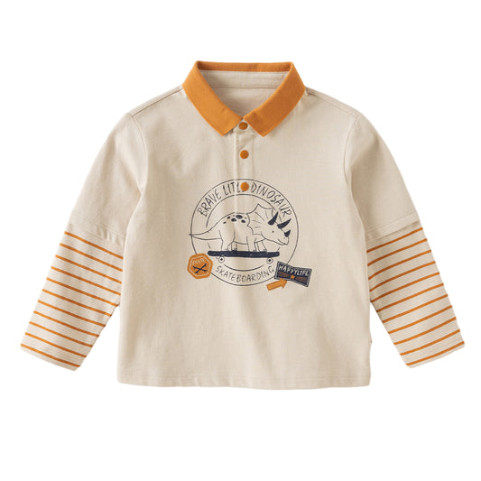 Dave&Bella Toddler Boys Apricot Polo Collar Dinosaur Print Comfortable Polos