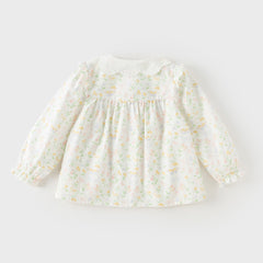 Dave&Bella Toddler Girls Beige Floral Print Cute Doll Collar Cotton Soft Shirts