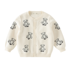 Dave&Bella Toddler Girls Beige Cute Bear Jacquard Cozy Cotton Cardigans