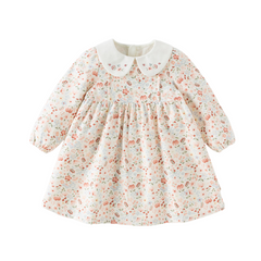 Dave&Bella Toddler Girls Beige Floral Print Doll Collar Soft Cotton A-line Dress