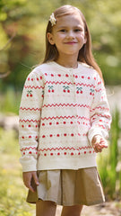 Dave&Bella Kid Girls Beige Cherry & Heart Jacquard Cotton Cardigans