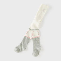 Dave&Bella Toddler Girls Beige Color Block Tights Cute Bunny Heart Print Cozy Tights