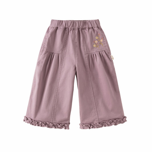 Dave&Bella Toddler Girls Purple/Brown Cozy Ruffle Floral Embroidery Wide Leg Pants