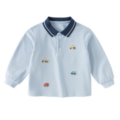 Dave&Bella Toddler Boys Blue Classic Simple Car Embroidery Soft Polos