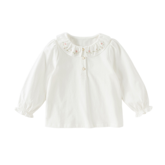 Dave&Bella Toddler Girls White/Purple Doll Collar Cotton Soft Breathable T-shirts