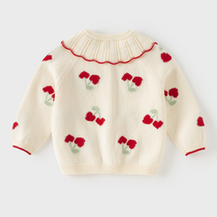 Dave&Bella Toddler Girls White Cherry Jacquard Doll Collar Comfortable Cardigans