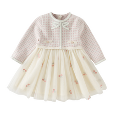 Dave&Bella Toddler Girls Pink White Plaid A-line Mesh Floral Party Birthday Graduation Dress