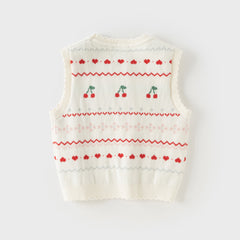 Dave&Bella Kid Girls Beige Cherry & Heart Jacquard Cotton Sleeveless Vests