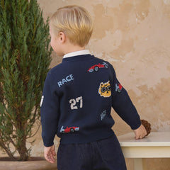 Dave&Bella Toddler Boys Navy Car Jacquard V-neck Cozy Cotton Cardigans