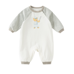 Dave&Bella Baby Boys Beige Cartoon Print Casual Soft Rompers