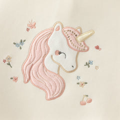 Dave&Bella Toddler Girls Beige Unicorn Embroidery Ruffled Crew Neck Sweatshirt