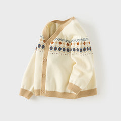 Dave&Bella Toddler Boys Apricot Jacquard V-neck Cozy Comfortable Cotton Cardigans