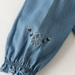 Dave&Bella Toddler Boys Denim Blue Floral Embrodiery Doll Collar Cozy Cotton T-shirts