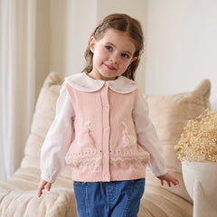Dave&Bella Toddler Girls Pink/Apricot Cozy Cotton Cute Animal Jacquard Knit Vests