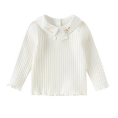 Dave&Bella Toddler Girls White/Pink Turndown Collar Little Bear Embroidery Sweaters