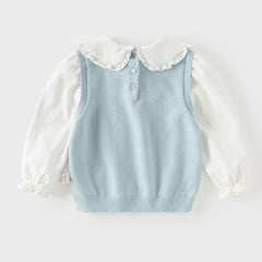 Dave&Bella Toddler Girls Blue Doll Collar Mock Two-Piece Soft Cozy Cotton Sweaters