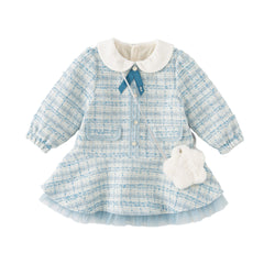 Dave&Bella Toddler Girls Autumn Elegant Blue Plaid Mesh Princess Dress(wallet bag)