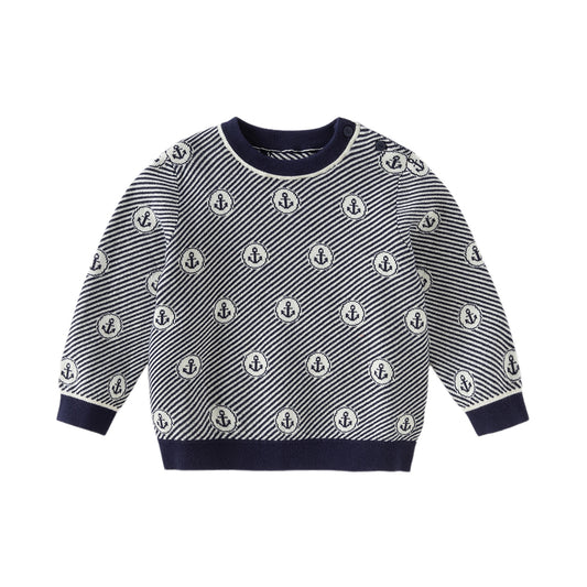 Dave&Bella Toddler Boys Blue White Striped Breathable Cotton Casual Sweaters Tops