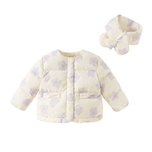 Dave&Bella Toddler Girls Winter Cute Floral Beige Outdoor Windproof Down Coats(scarf)