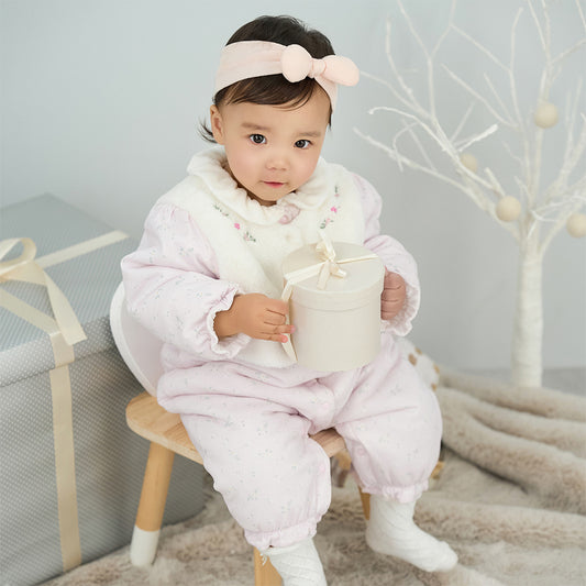 Dave&Bella Baby Girls Pretty Floral Print Doll Collar Padded Plush-lined Warm Rompers