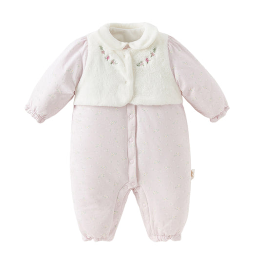 Dave&Bella Baby Girls Pretty Floral Print Doll Collar Padded Plush-lined Warm Rompers