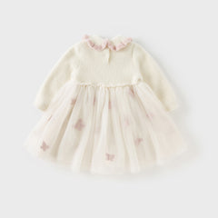 Dave&Bella Toddler Girls Winter Elegant Beige Cozy Knit Sweater Mesh Princess A-line Dress