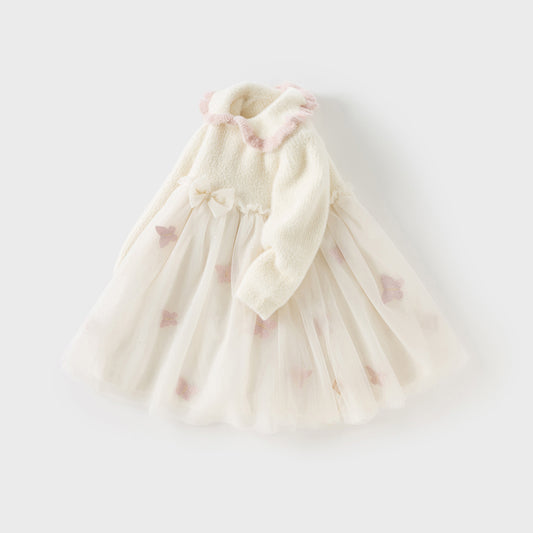 Dave&Bella Toddler Girls Winter Elegant Beige Cozy Knit Sweater Mesh Princess A-line Dress