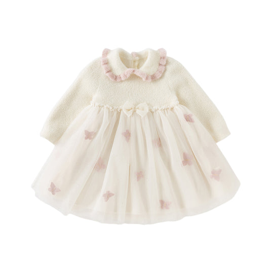 Dave&Bella Toddler Girls Winter Elegant Beige Cozy Knit Sweater Mesh Princess A-line Dress