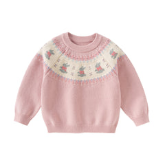 Dave&Bella Kids Girls Sweet Pink Round Collar Long-sleeved Pullover Soft Sweaters Tops