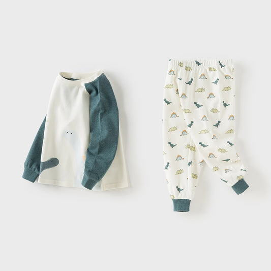 Dave&Bella Toddler Boys Winter Beige Dinosaur Print Indoor Cozy Cotton Pajamas