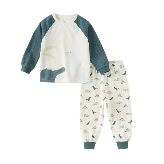 Dave&Bella Toddler Boys Winter Beige Dinosaur Print Indoor Cozy Cotton Pajamas